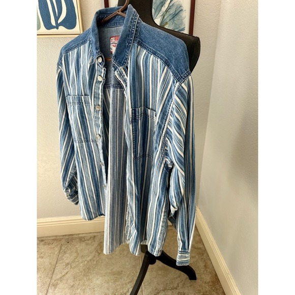 Levi's Striped Boys XL 20 Blue Denim Western Button Up Long Sleeve Pockets - Picture 2 of 11